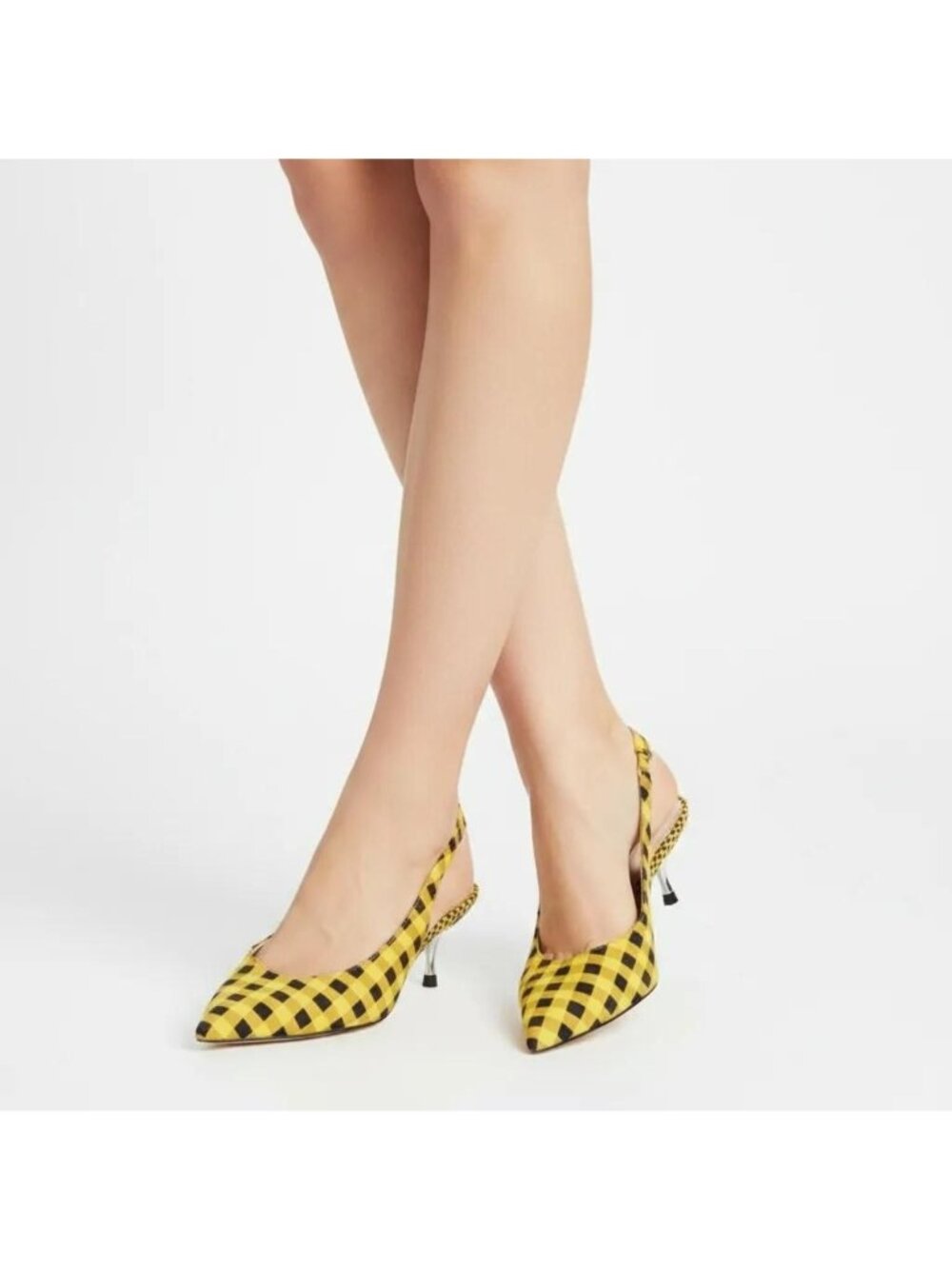 ZARA Women's Yellow/Black Gingham Slingback Pointed Toe Sandals Size 39 - Picture 2 of 11